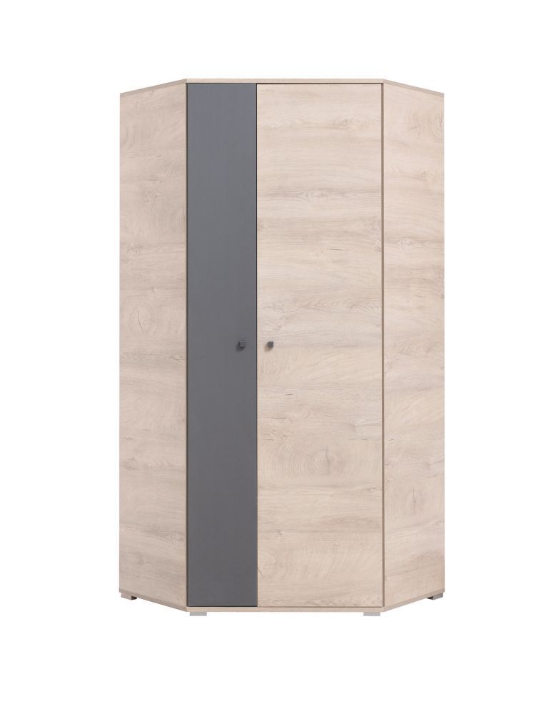 Jugendzimmer Drehtürenschrank / Eckschrank Chiny 02, Farbe: Eiche / Grau - Abmessungen: 190 x 90 x 90 cm (H x B x T)