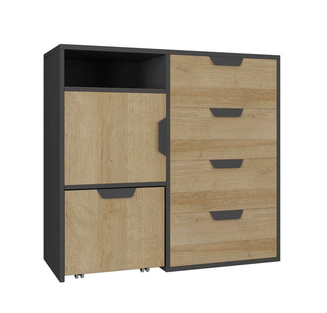 Jugendzimmer Kommode Sprimont 08, Farbe: Grau / Eiche - Abmessungen: 85 x 90 x 40 cm (H x B x T)