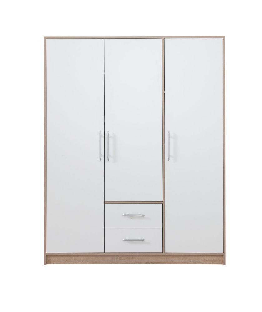 Drehtürenschrank / Kleiderschrank Hannut 07, Farbe: Weiß / Eiche - Abmessungen: 190 x 150 x 56 cm (H x B x T)