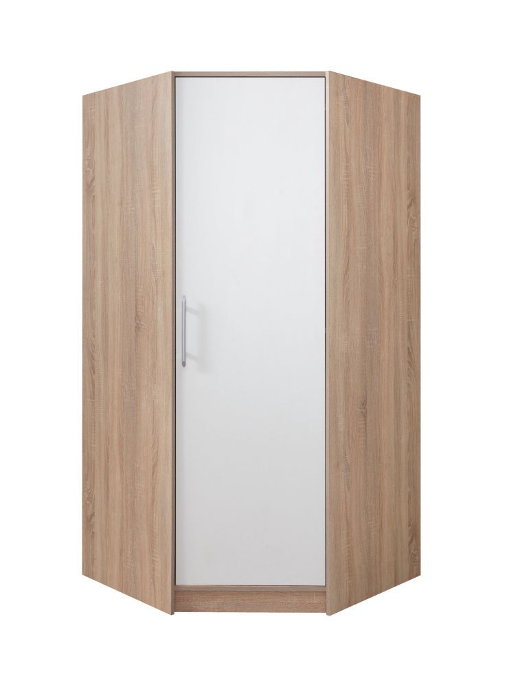 Drehtürenschrank / Eckschrank Hannut 09, Farbe: Weiß / Eiche - Abmessungen: 190 x 95 x 95 cm (H x B x T)