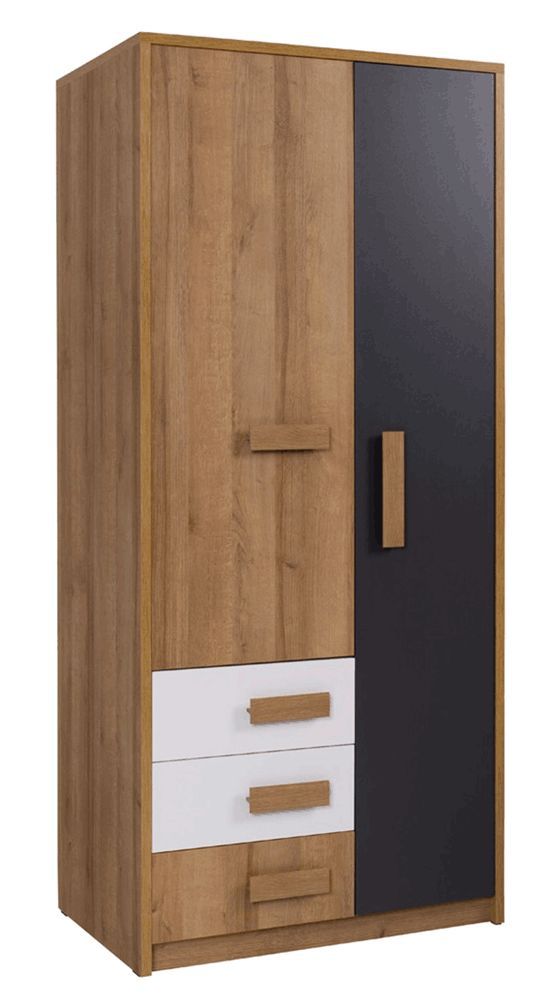 Kleiderschrank mit viel Stauraum Valbom 01, Farbe: Eiche Riviera / Weiß / Grafit - Abmessungen: 188 x 85 x 54 cm (H x B x T), mit 2 Türen und 4 Fächern