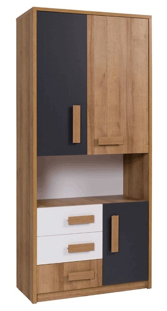 Schrank mit viel Stauraum Valbom 03, Farbe: Eiche Riviera / Weiß / Grafit - Abmessungen: 188 x 85 x 40 cm (H x B x T), mit 3 Türen, 3 Schubladen und Fächern