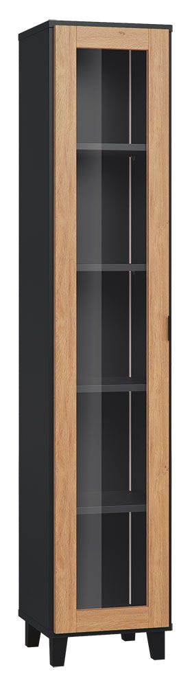 Vitrine Leoncho 35, Farbe: Schwarz / Eiche - Abmessungen: 195 x 39 x 40 cm (H x B x T)