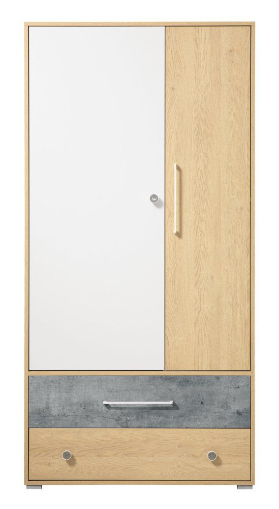 Jugendzimmer - Drehtürenschrank / Kleiderschrank Modave 01, Farbe: Eiche / Weiß / Grau - Abmessungen: 182 x 90 x 50 cm (H x B x T)