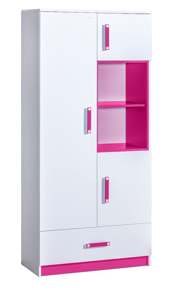 Kinderzimmer - Drehtürenschrank / Kleiderschrank Frank 03, Farbe: Weiß / Rosa - 189 x 90 x 40 cm (H x B x T)