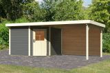 Modernes Gartenhaus SET mit Anbaudach, Farbe: Terragrau, Grundfläche: 7,29 m²