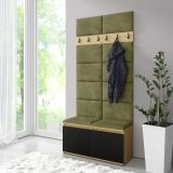 Platzsparende Garderobe 01 mit Sitzbank/Wand gepolstert, Artisan/Schwarz/Olive, 215 x 100 x 40 cm, für 8 Paar Schuhe, 6 Kleiderhaken, 4 Fächer