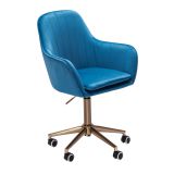 Moderner Schalenstuhl Apolo 118, Farbe: Blau / Gold, mit blauem Samt bezogen