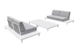 Gartensitzgruppe Budapest 4-teilig aus weißem Aluminium, Hellgrauer Stoffbezug, Couchtisch mit 6 mm starker Glasplatte, Sitzkissen und Rückenkissen