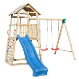 Kinder Spielturm mit Rutsche und Doppelschaukel, Kletterwand und Rutschstange