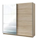 Kleiderschrank / Spiegeltürenschrank Lamia, Natur-Eiche-Optik, für Schlafzimmer, Maße: 201 x 62 cm, 2 Schiebetüren, 6 Fächer, 1 Kleiderstange, Spiegel