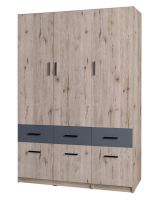 Drehtürenschrank / Kleiderschrank Tripoli 02, Farbe: Eiche / Grau- Abmessungen: 198 x 136 x 54 cm (H x B x T)